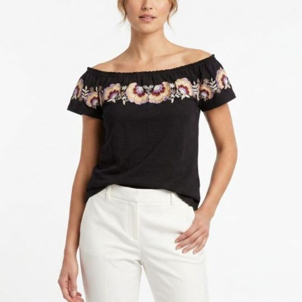 THML Women's Black Colorful Floral Embroidered Off-The-Shoulder Boho Top Size S